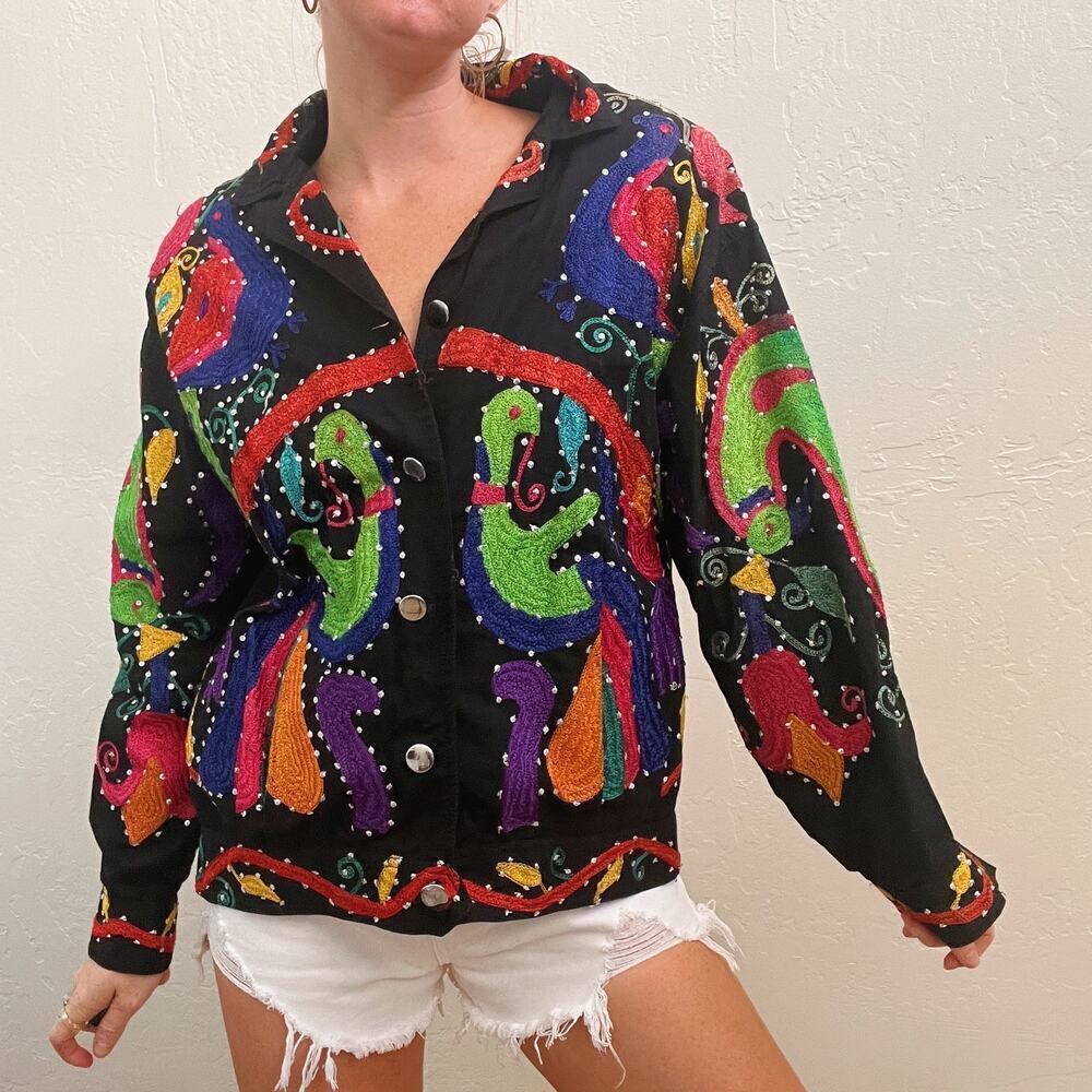 Vintage 1980's Black Funky Embroidered Button Up Jacket